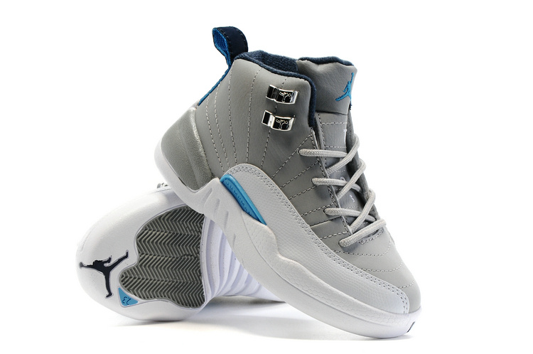 2016 Kids Air Jordan 12 Grey White Blue